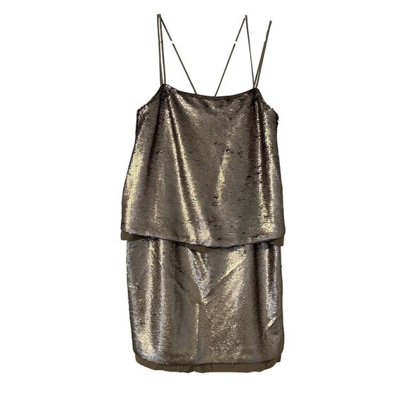 NWT $198 Banana Republic Size 4 Sequin Silk Mini Dress Gold Spaghetti Straps - Picture 1 of 10